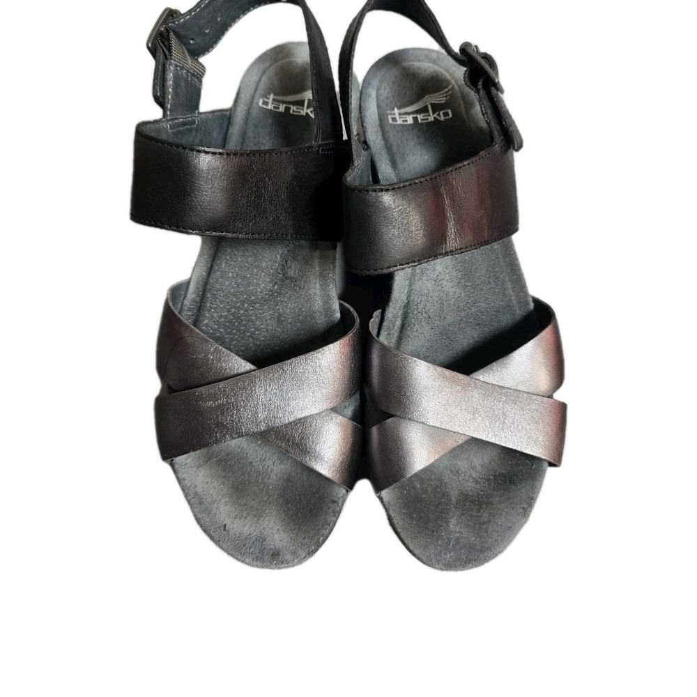 Dansko Womens Leather Wedge Sandals Size 38 US 7.5 8 Black Metallic Platform